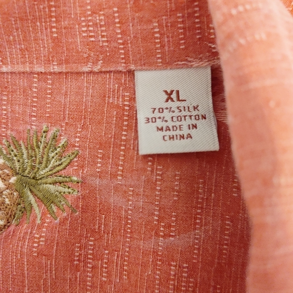 CARIBBEAN PALM PRINT WOVEN SILK BLEND SHORT SLEEVE SHIRT, CORAL XL - Picture 7 of 9